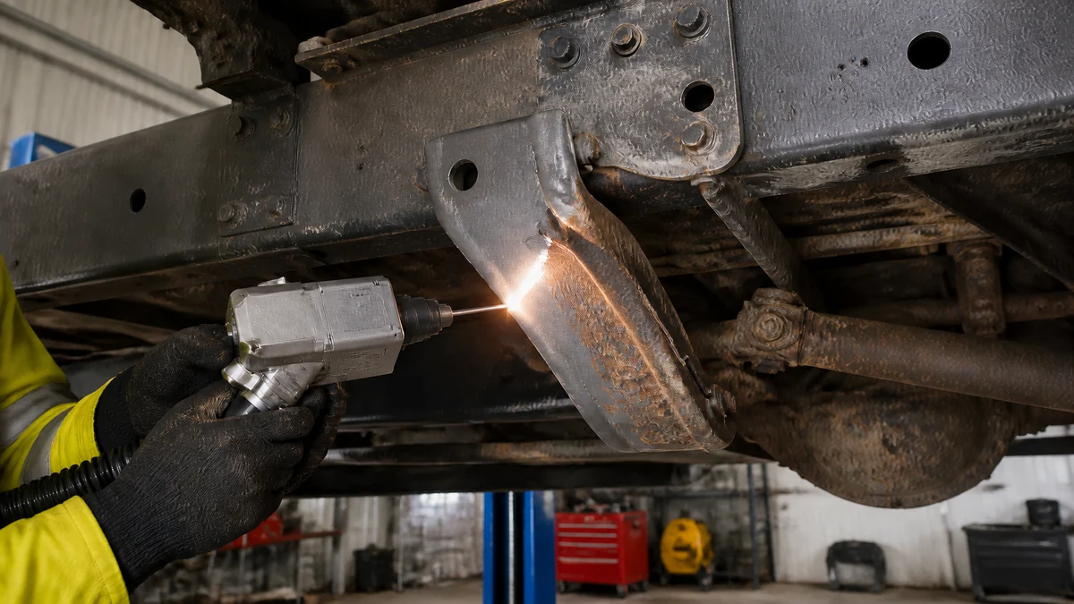 Laser cleaning removing corrosion from a steel vehicle chassis component